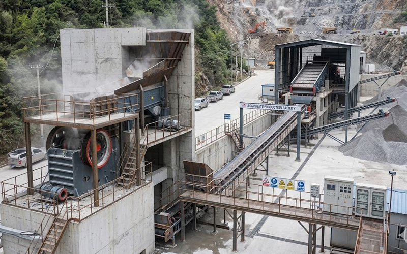 Trituradora de mandíbula primaria C6X125 procesando bloques de granito de 800 milímetros en un circuito de trituración de alta capacidad, iluminación diurna industrial profunda.